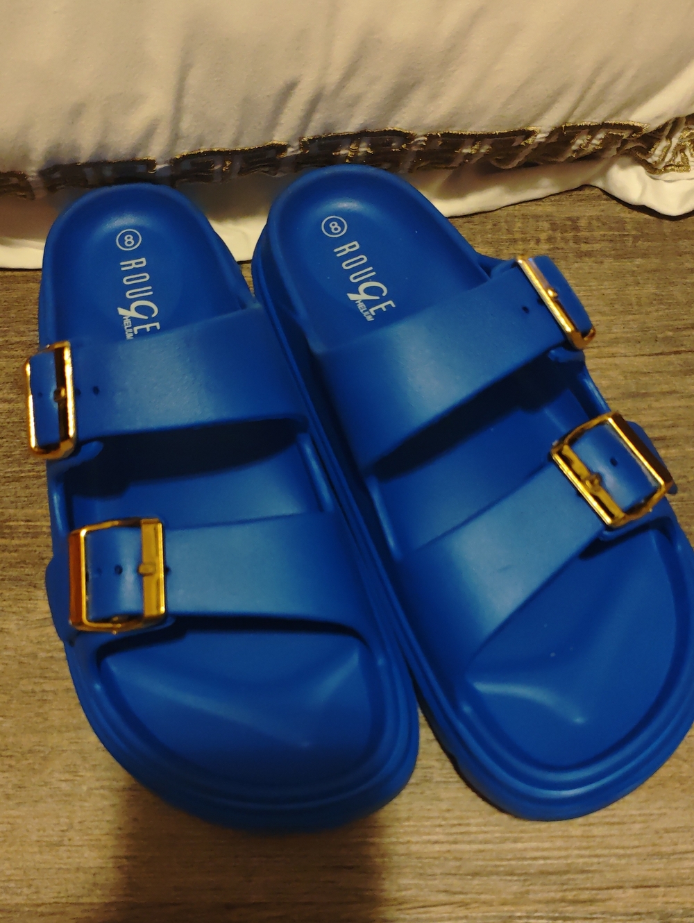 Rouge Helium Bright Blue Slide Sandals with Gold Buckles
